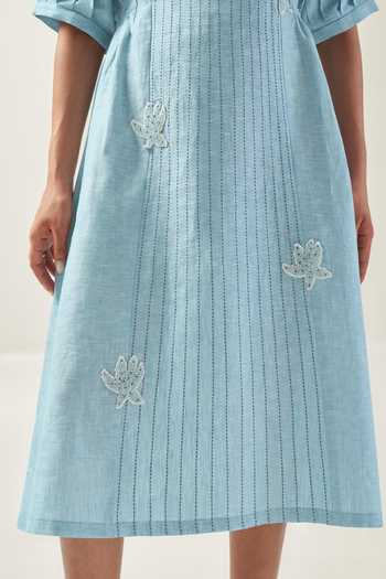 Savaaya Blue Linen Square Neck The Cloud Flower Patched Pintucked Dress Online at Aza Fashions Savaaya_Blue Linen Square Neck The Cloud Flower Patched Pintucked Dress _Online_at_Aza_Fashions