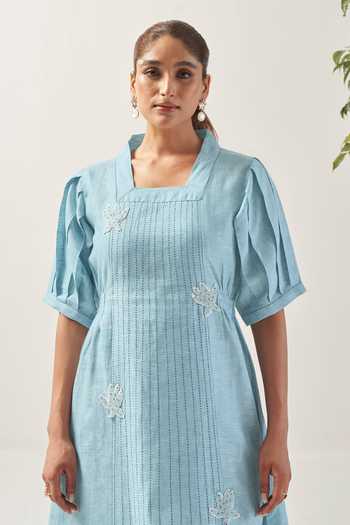 Buy Savaaya Blue Linen Square Neck The Cloud Flower Patched Pintucked Dress Online at Aza Fashions Buy_Savaaya_Blue Linen Square Neck The Cloud Flower Patched Pintucked Dress _Online_at_Aza_Fashions
