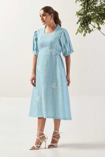 Savaaya Blue Linen Square Neck The Cloud Flower Patched Pintucked Dress at Aza Fashions Savaaya_Blue Linen Square Neck The Cloud Flower Patched Pintucked Dress _at_Aza_Fashions