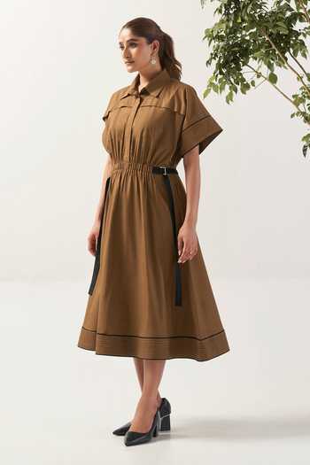 Savaaya_Brown Cotton, Poplin Collared Neck The Ochre Contrasted Belt Dress _Online_at_Aza_Fashions
