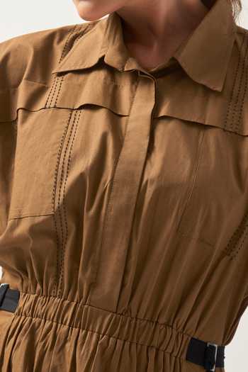 Shop_Savaaya_Brown Cotton, Poplin Collared Neck The Ochre Contrasted Belt Dress _Online_at_Aza_Fashions