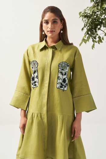 Savaaya_Green Linen Collared Neck The Moss Floral Handwork Dress _Online_at_Aza_Fashions