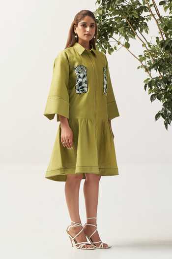 Buy_Savaaya_Green Linen Collared Neck The Moss Floral Handwork Dress _Online_at_Aza_Fashions