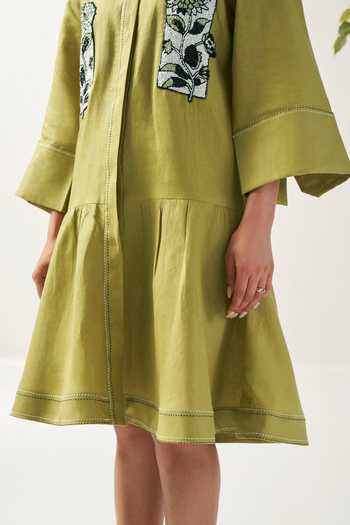 Shop_Savaaya_Green Linen Collared Neck The Moss Floral Handwork Dress _Online_at_Aza_Fashions