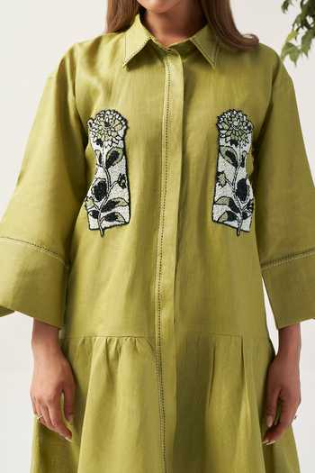 Savaaya_Green Linen Collared Neck The Moss Floral Handwork Dress _at_Aza_Fashions