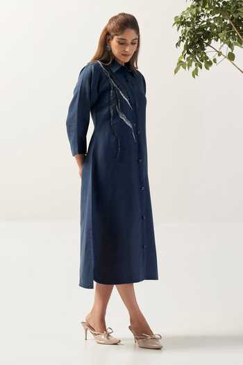 Savaaya Blue Linen Collared Neck The Midnight Handwork Dress Online at Aza Fashions Savaaya_Blue Linen Collared Neck The Midnight Handwork Dress _Online_at_Aza_Fashions