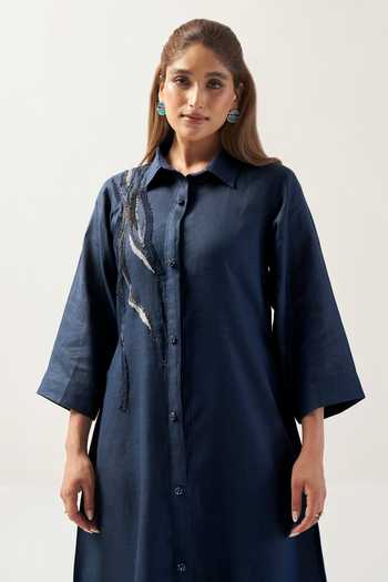 Buy Savaaya Blue Linen Collared Neck The Midnight Handwork Dress Online at Aza Fashions Buy_Savaaya_Blue Linen Collared Neck The Midnight Handwork Dress _Online_at_Aza_Fashions