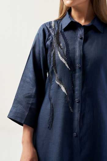 Shop Savaaya Blue Linen Collared Neck The Midnight Handwork Dress Online at Aza Fashions Shop_Savaaya_Blue Linen Collared Neck The Midnight Handwork Dress _Online_at_Aza_Fashions