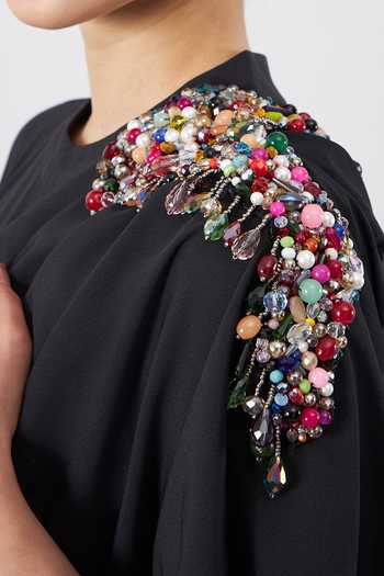 Aakaar_Black Modal Crystals, Pearls Cowl Draped Asymmetrical Gown For Kids_Online_at_Aza_Fashions