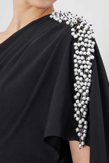 Aakaar_Black Modal Pearls, Crystals Draped One Shoulder Gown For Kids_Online_at_Aza_Fashions