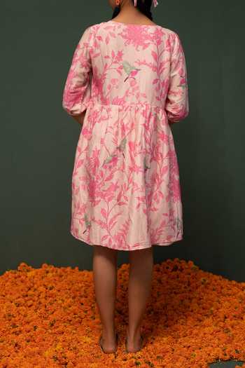Chrkha Floral Print Chanderi Silk Dress For Kids