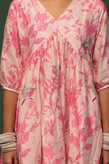 Chrkha Pink Chanderi Silk Embroidery Floral Print Dress For Kids Online at Aza Fashions Chrkha_Pink Chanderi Silk Embroidery Floral Print Dress For Kids_Online_at_Aza_Fashions