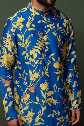 Chrkha Floral Print Chanderi Silk Kurta Set For Kids