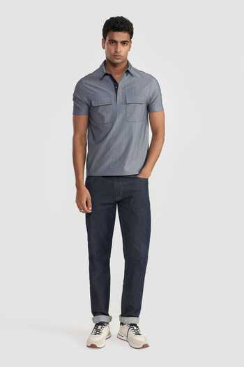 Perona Blue Cotton Navy Colton Collared T-shirt Online at Aza Fashions Perona_Blue Cotton Navy Colton Collared T-shirt _Online_at_Aza_Fashions
