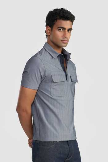 Shop Perona Blue Cotton Navy Colton Collared T-shirt Online at Aza Fashions Shop_Perona_Blue Cotton Navy Colton Collared T-shirt _Online_at_Aza_Fashions