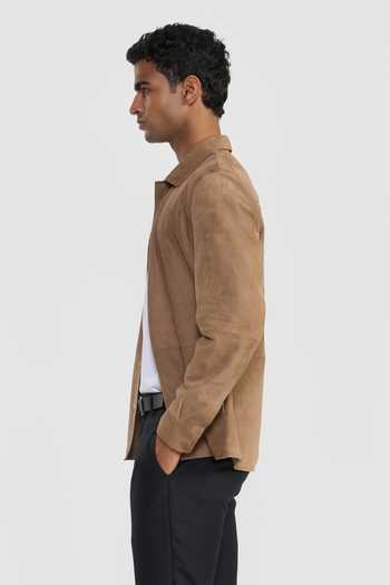 Buy_Perona_Brown Suede Camel Nico Textured Jacket _Online_at_Aza_Fashions
