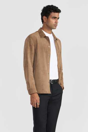 Shop_Perona_Brown Suede Camel Nico Textured Jacket _Online_at_Aza_Fashions
