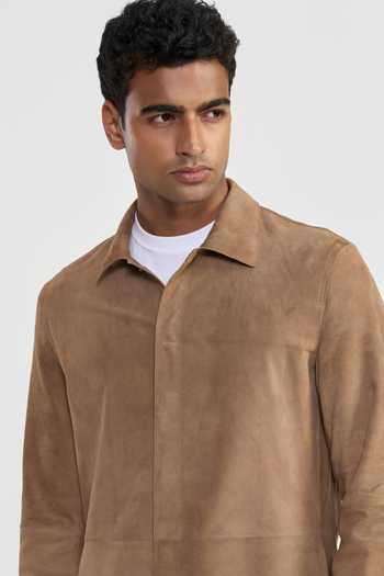 Perona_Brown Suede Camel Nico Textured Jacket _at_Aza_Fashions