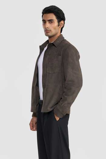 Buy_Perona_Olive Green Suede Greasy Steffano Plain Jacket _Online_at_Aza_Fashions