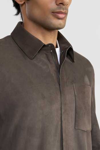 Perona_Olive Green Suede Greasy Steffano Plain Jacket _at_Aza_Fashions