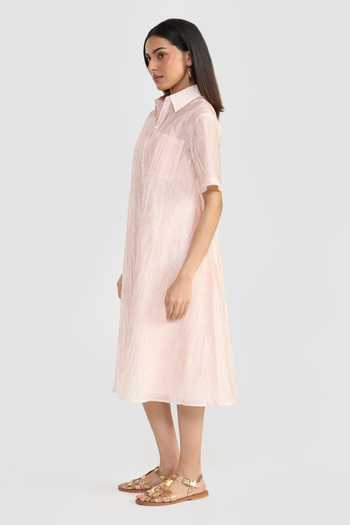 Perona_Pink Polyester, Tencel Collared , Button-down Blush Delilah Shirt Dress _Online_at_Aza_Fashions