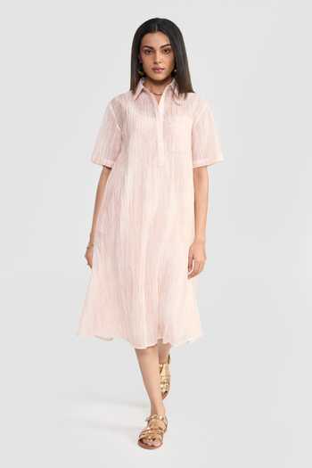 Buy_Perona_Pink Polyester, Tencel Collared , Button-down Blush Delilah Shirt Dress _Online_at_Aza_Fashions