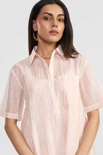 Shop_Perona_Pink Polyester, Tencel Collared , Button-down Blush Delilah Shirt Dress _Online_at_Aza_Fashions