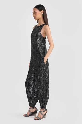 Perona_Black Textured Pattern Jumpsuit _Online_at_Aza_Fashions