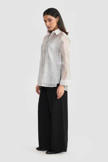 Perona_Grey Polyester, Tencel Collared Neck Juliana Textured Shirt _Online_at_Aza_Fashions
