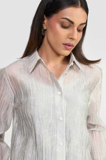 Buy_Perona_Grey Polyester, Tencel Collared Neck Juliana Textured Shirt _Online_at_Aza_Fashions