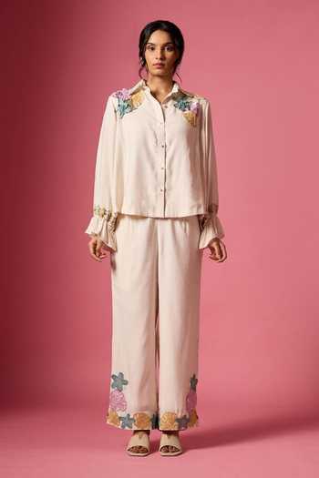 Neitri_Off White Chanderi Collared Neck Mist Shell Embroidered Shirt And Pant Co-ord Set _Online_at_Aza_Fashions