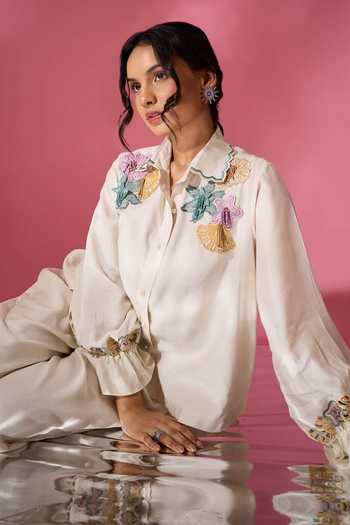 Buy_Neitri_Off White Chanderi Collared Neck Mist Shell Embroidered Shirt And Pant Co-ord Set _Online_at_Aza_Fashions