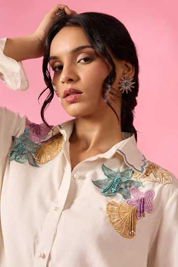 Buy_Neitri_Off White Chanderi Collared Neck Mist Shell Embroidered Shirt And Pant Co-ord Set 