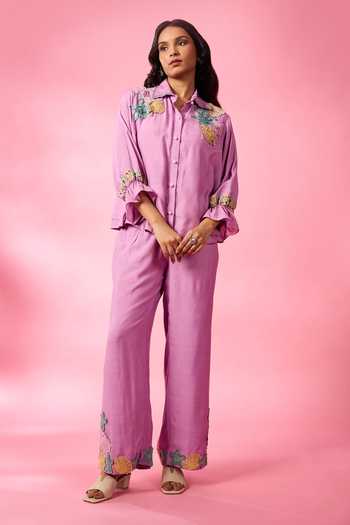 Buy_Neitri_Purple Chanderi Collared Neck, Button-down Shell Embroidered Shirt And Pant Set _Online_at_Aza_Fashions