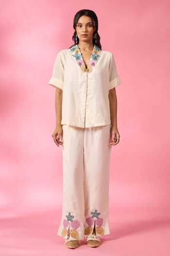 Neitri_White Silk, Chanderi V-neck Pearl Shore Embroidered Shirt And Pant Co-ord Set _Online_at_Aza_Fashions