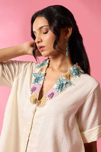 Shop_Neitri_White Silk, Chanderi V-neck Pearl Shore Embroidered Shirt And Pant Co-ord Set _Online_at_Aza_Fashions