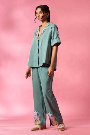 Neitri_Green Silk, Chanderi V-neck Moss Shore Embroidered Shirt And Pant Co-ord Set _Online_at_Aza_Fashions