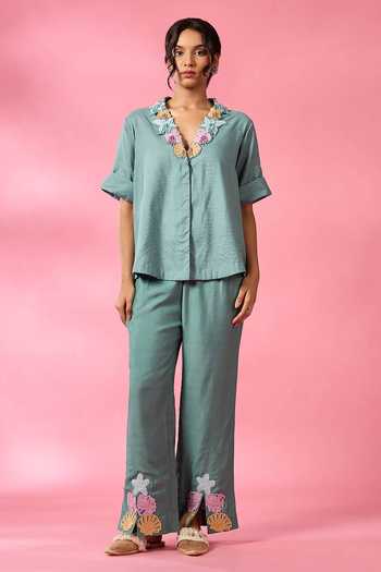 Buy_Neitri_Green Silk, Chanderi V-neck Moss Shore Embroidered Shirt And Pant Co-ord Set _Online_at_Aza_Fashions
