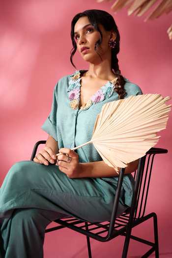 Neitri_Green Silk, Chanderi V-neck Moss Shore Embroidered Shirt And Pant Co-ord Set _at_Aza_Fashions