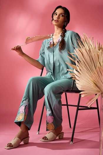 Buy_Neitri_Green Silk, Chanderi V-neck Moss Shore Embroidered Shirt And Pant Co-ord Set 