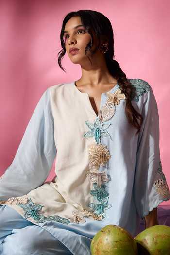 Buy_Neitri_Blue Chanderi Split V-neck, Yes Sea Flower Embroidered Kurta And Pant Set _Online_at_Aza_Fashions