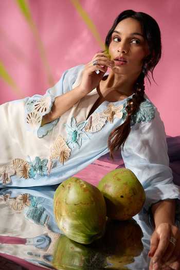 Neitri_Blue Chanderi Split V-neck, Yes Sea Flower Embroidered Kurta And Pant Set _at_Aza_Fashions