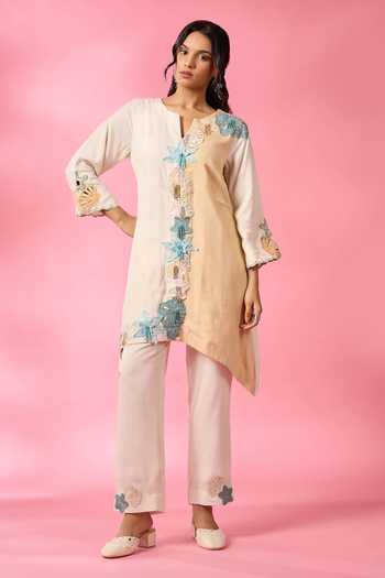 Neitri_Beige Chanderi Split V-neck Sun Shell Embroidered Kurta And Pant Set _Online_at_Aza_Fashions