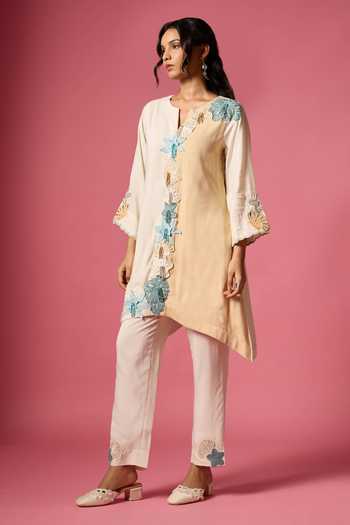 Buy_Neitri_Beige Chanderi Split V-neck Sun Shell Embroidered Kurta And Pant Set _Online_at_Aza_Fashions