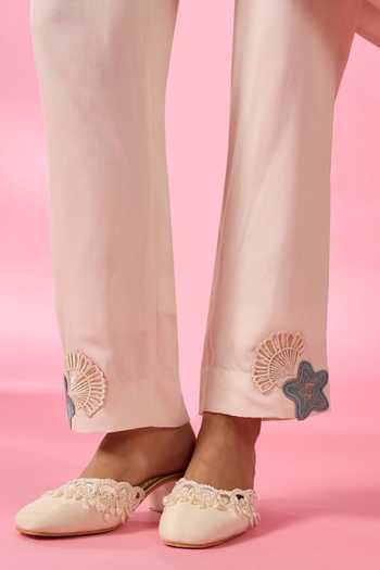 Shop_Neitri_Beige Chanderi Split V-neck Sun Shell Embroidered Kurta And Pant Set _Online_at_Aza_Fashions