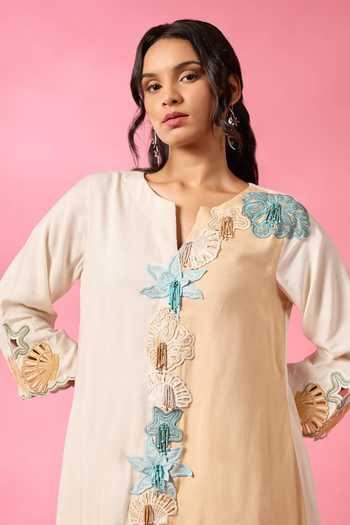 Neitri_Beige Chanderi Split V-neck Sun Shell Embroidered Kurta And Pant Set _at_Aza_Fashions