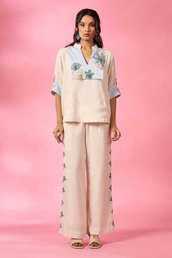 Neitri_White Chanderi Split V-neck Calm Shore Top And Pant Co-ord Set _Online_at_Aza_Fashions