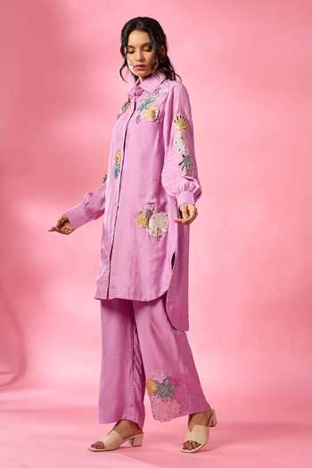 Buy Neitri Purple Chanderi Collared Neck, Yes Coral Shore Embroidered Kurta And Pant Set Online at Aza Fashions Buy_Neitri_Purple Chanderi Collared Neck, Yes Coral Shore Embroidered Kurta And Pant Set _Online_at_Aza_Fashions