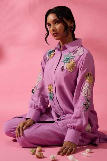 Shop Neitri Purple Chanderi Collared Neck, Yes Coral Shore Embroidered Kurta And Pant Set Online at Aza Fashions Shop_Neitri_Purple Chanderi Collared Neck, Yes Coral Shore Embroidered Kurta And Pant Set _Online_at_Aza_Fashions