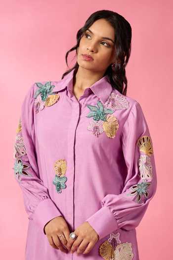 Neitri Purple Chanderi Collared Neck, Yes Coral Shore Embroidered Kurta And Pant Set at Aza Fashions Neitri_Purple Chanderi Collared Neck, Yes Coral Shore Embroidered Kurta And Pant Set _at_Aza_Fashions